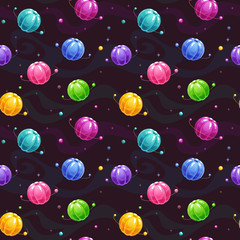 Seamless pattern with cute colorful jelly planets. Sweet space texture.