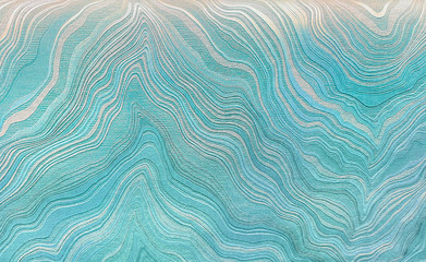 Beautiful texture of paper Wallpaper embossed in form of wavy lines in turquoise, blue and golden tones. Abstract background.
