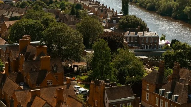 Wide view of the city and countryside of Worcester in England, UK, home to composer Edward Elgar, and the Malvern Hills