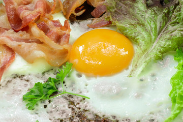 fried eggs for Breakfast close-up with bacon