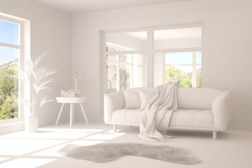 Mock up of stylish room in white color with sofa and green landscape in window. Scandinavian interior design. 3D illustration