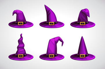 Cartoon witch hat, colorful icons set. Halloween costume element.