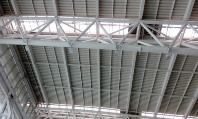 Heavy weight structural steel roof or double height ceiling of an Airport Building interior at...