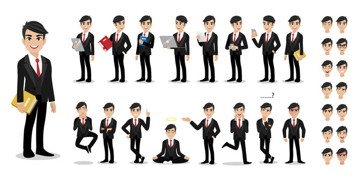 Businessman cartoon character set. Handsome business man in office style smart suit . Vector illustration
