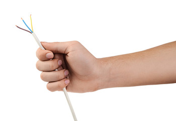 Man's hand holding a electric cable without plug, isolated on white background. Electrical theme.