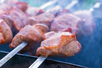 Pork roasted over the coals closeup