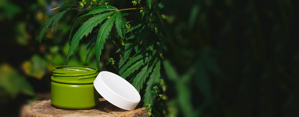 Jar of hemp lotion on blurry background with copy space. Cannabis cream with leaf marijuana -...