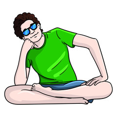 a young man with sunglasses and curls is sitting cross-legged and resting comfortably on his hand. green t-shirt, holiday, yoga.