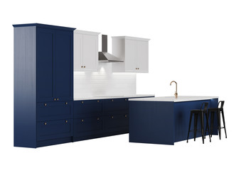 Blue kitchen isolated on white background. 3D rendering.
