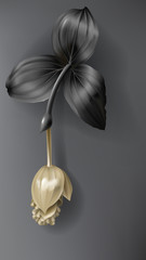 Tropical black and gold flower on dark background vector set