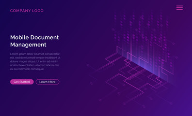 Big data waterfall or cascade, digital binary code data flow analysis visualization, isometric vector illustration. Ultraviolet horizontal banner with streams of numbers, landing page template.