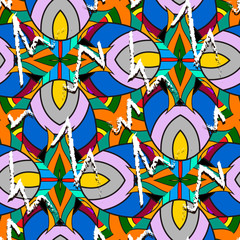 Modern colorful abstract vector seamless pattern. Bright ornamental geometric background with striped multicolor shapes, lines. Doodle hand drawn tribal ethnic ornament with zig zag grunge lines.