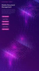 Obraz premium Big data waterfall or cascade, digital binary code data flow analysis visualization, isometric vector illustration. Ultraviolet vertical banner with streams of numbers, landing page template.
