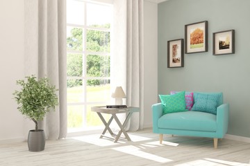 Mock up of stylish room in white color with armchair and green landscape in window. Scandinavian interior design. 3D illustration