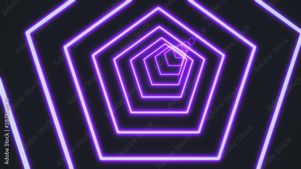 Poster neon pentagon tunnel abstract motion background. pentagon composed of vivid orange lines and camera 