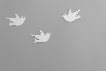 three free flying white dove of peace on grey background