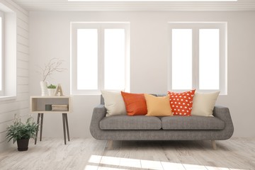 Stylish room in white color with sofa. Scandinavian interior design. 3D illustration