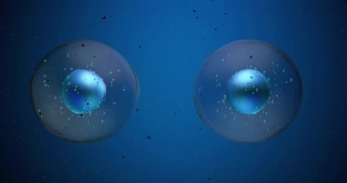 Slow motion macro of micro hi tech cells molecules reproduction division and multiplication process is analyzed with microscope for biochemistry and dna research in futuristic scientific laboratory.