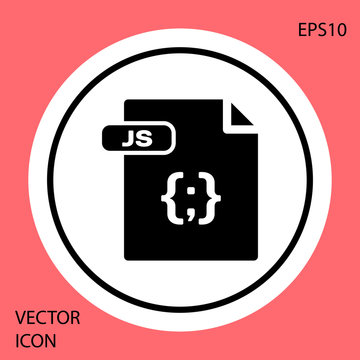 Black JS file document. Download js button icon isolated on red background. JS file symbol. White circle button. Vector Illustration