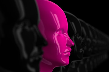 Obraz premium Abstract background with many identical black out of focus female doll faces, one of which is in focus and highlighted in pink color 3D illustration