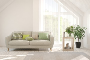 Stylish room in white color with sofa. Scandinavian interior design. 3D illustration