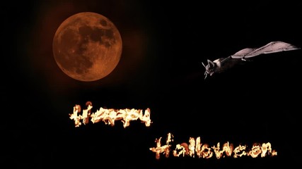 Vampire bat flying and attacking in the background of a blood red moon. Halloween concept.
