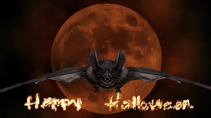 Vampire bat flying and attacking in the background of a blood red moon. Halloween concept.