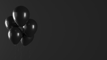 Air balloons on dark background. Horizontal banner with copy space for black friday, advertising of goods and shares. Festive illustration, greeting card for happy birthday, anniversary - 3D, render.