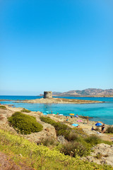 plage de La Pelosa, sardaigne, nuances de bleus turquoise et tour du moyen age