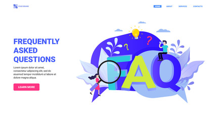 Frequently asked questions. Flat vector illustration for website, landing page, flyer, banner, hero image, app design with characters. Faq and qa concept. List of answers for user questions.