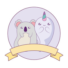 cute narwhal with koala baby animals kawaii