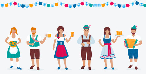 A group of people in traditional German costumes celebrate Oktoberfest. Lederhosen and Dirndl. A man in a green hat with a feather plays the accordion. Beer, sausage, pretzel.