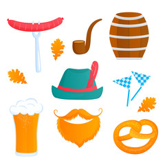 Oktoberfest Bavarian Festival. Glass of beer, barrel, pretzel, sausage, smoking pipe, hat
