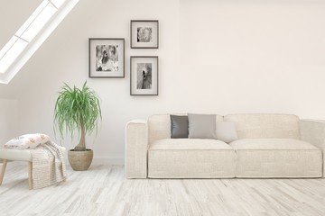 Stylish room in white color with sofa. Scandinavian interior design. 3D illustration