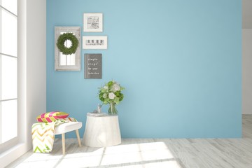 Empty room in blue color. Scandinavian interior design. 3D illustration