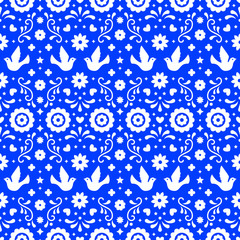 Mexican folk art seamless pattern with flowers, leaves and birds on blue background. Traditional design for fiesta party. Floral ornate elements from Mexico. Mexican folklore ornament.