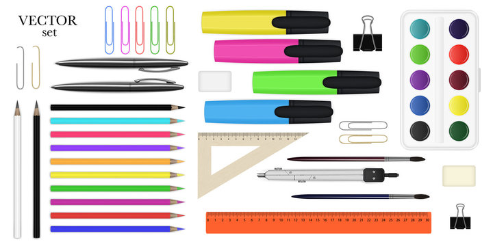 Large set of stationery images: dividers, ruler, pencil, pen, eraser, paper clip, marker, paint brush, paints for drawing. Vector EPS 10