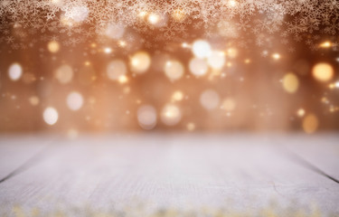 Festive wooden table with glittering bokeh lights illuminated by a spotlight, Christmas or other...