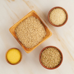 set of cereals for gluten-free fodmap diet, long carbohydrates, brown rice, corn, quinoa, green buckwheat