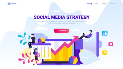 Social media strategy illustration. Social media marketing design for website, landing page, banner or print. Trendy flat vector illustration with small characters.