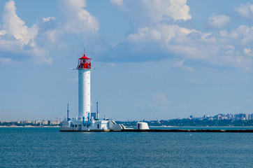 Seascape with lighthouse on the Black Sea in Odesa during the summer season