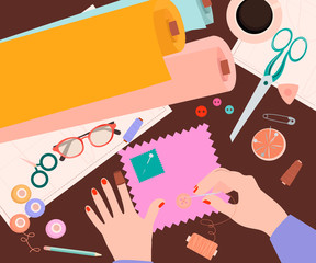 Hobby and crafts concept. Top view on the work process, people's hands embroider products, Work in the studio. Editable vector illustration.