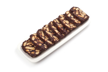 Homemade sweet chocolate salami, isolated on white background