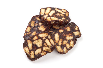 Homemade sweet chocolate salami, isolated on white background