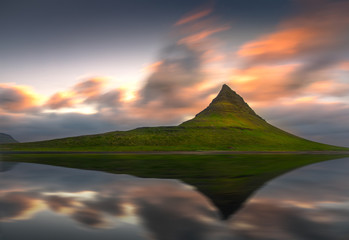 Beautiful sunset over the Kirkjufell mountain.