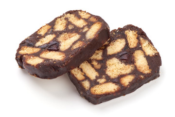 Homemade sweet chocolate salami, isolated on white background