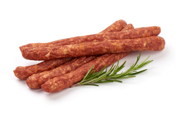 Dry smoked Sausages, isolated on white background