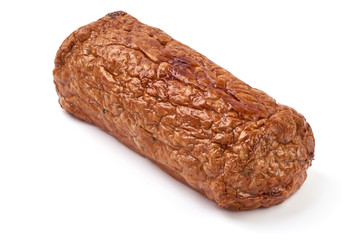 Baked meatloaf, minced meat roll, isolated on white background