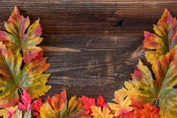 Colorful Leaves Autumn Decoration, Brown Wooden Background