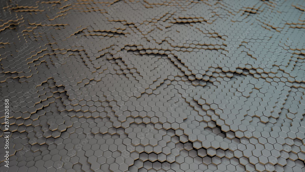 Poster abstract 3d surface background of many glowing hexagons. 3d rendering, futuristic design, illustrati